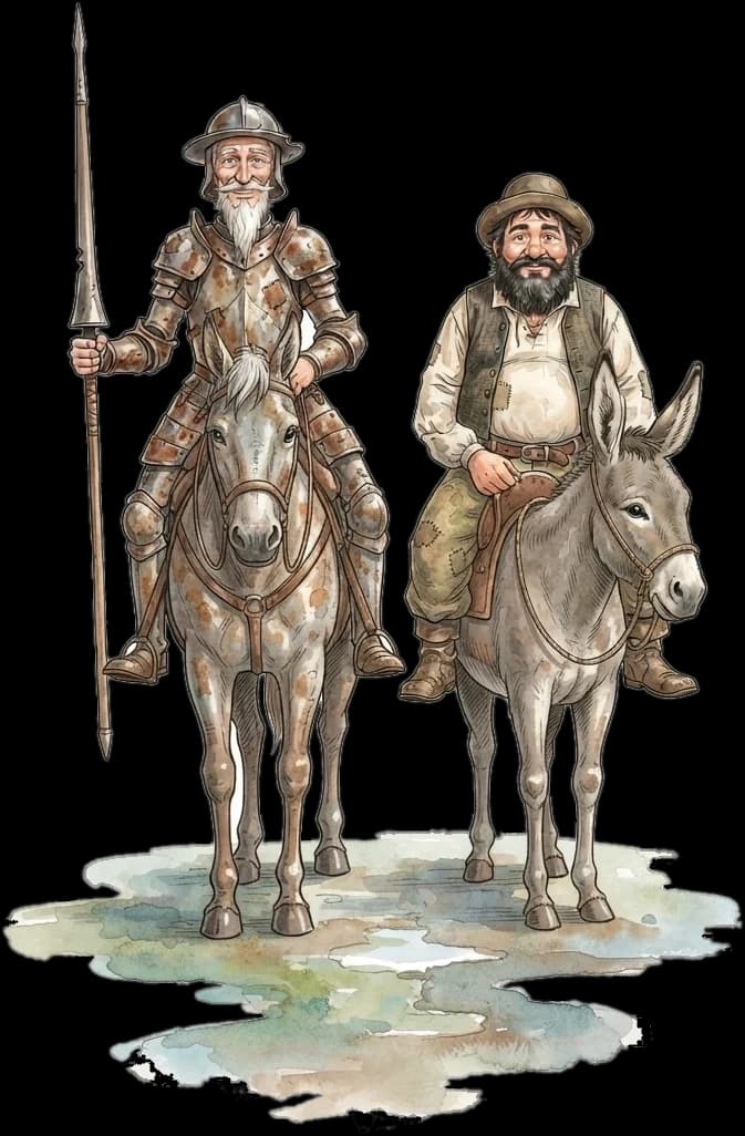 Don Quijote montado en Rocinante, lanza en mano, y Sancho Panza montado en su burro, en acuarela.