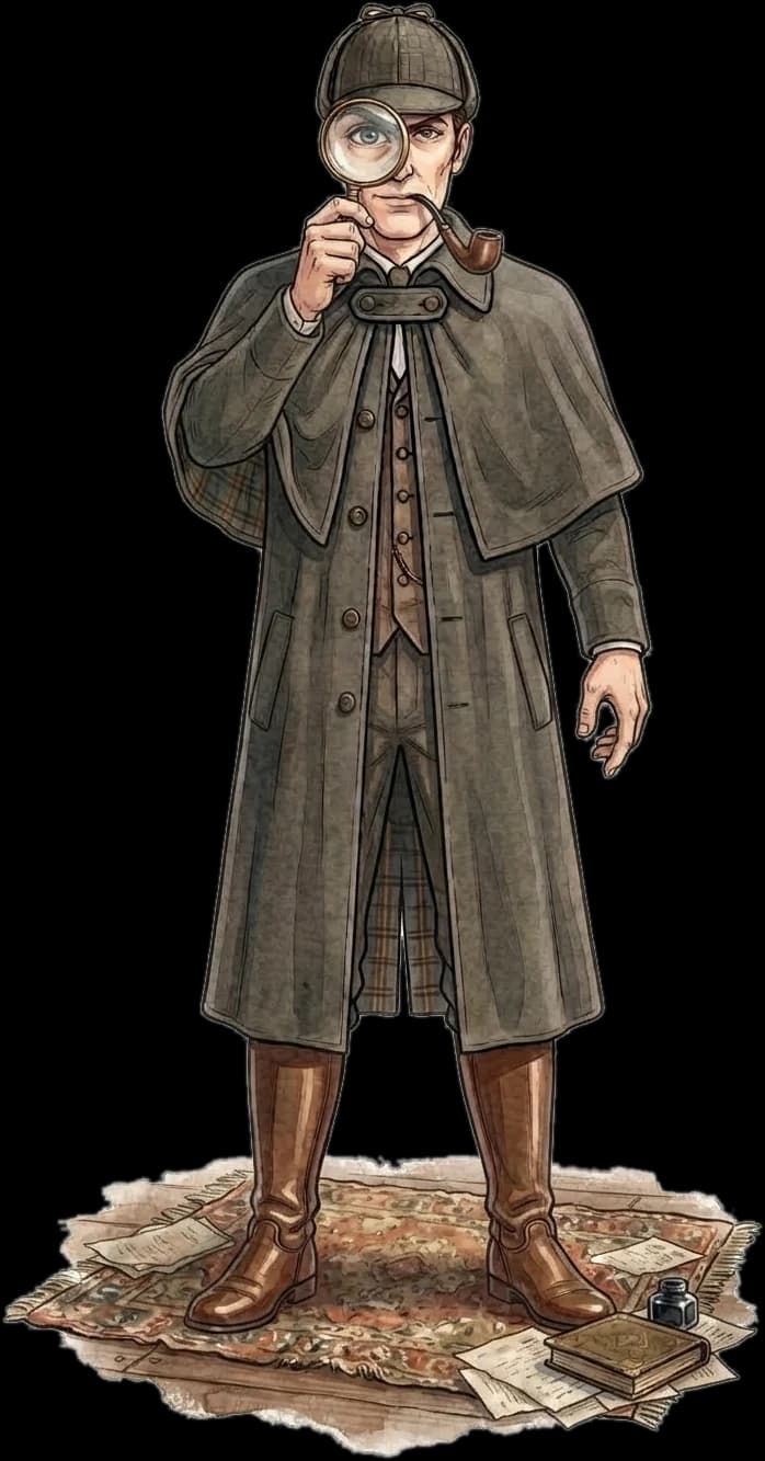 Sherlock Holmes de pie sobre una alfombra, mirando a través de una lupa, con pipa y capa, en acuarela.